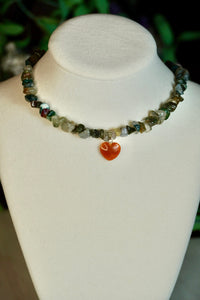 Moss Agate & Carnelian Heart Crystal Choker