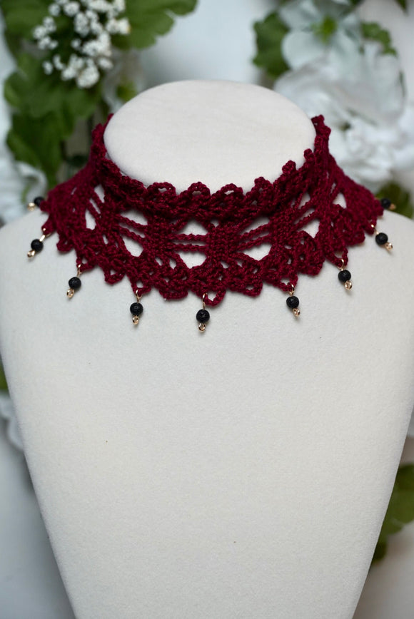 Red Siren Lace Crochet Choker with Lava Stone